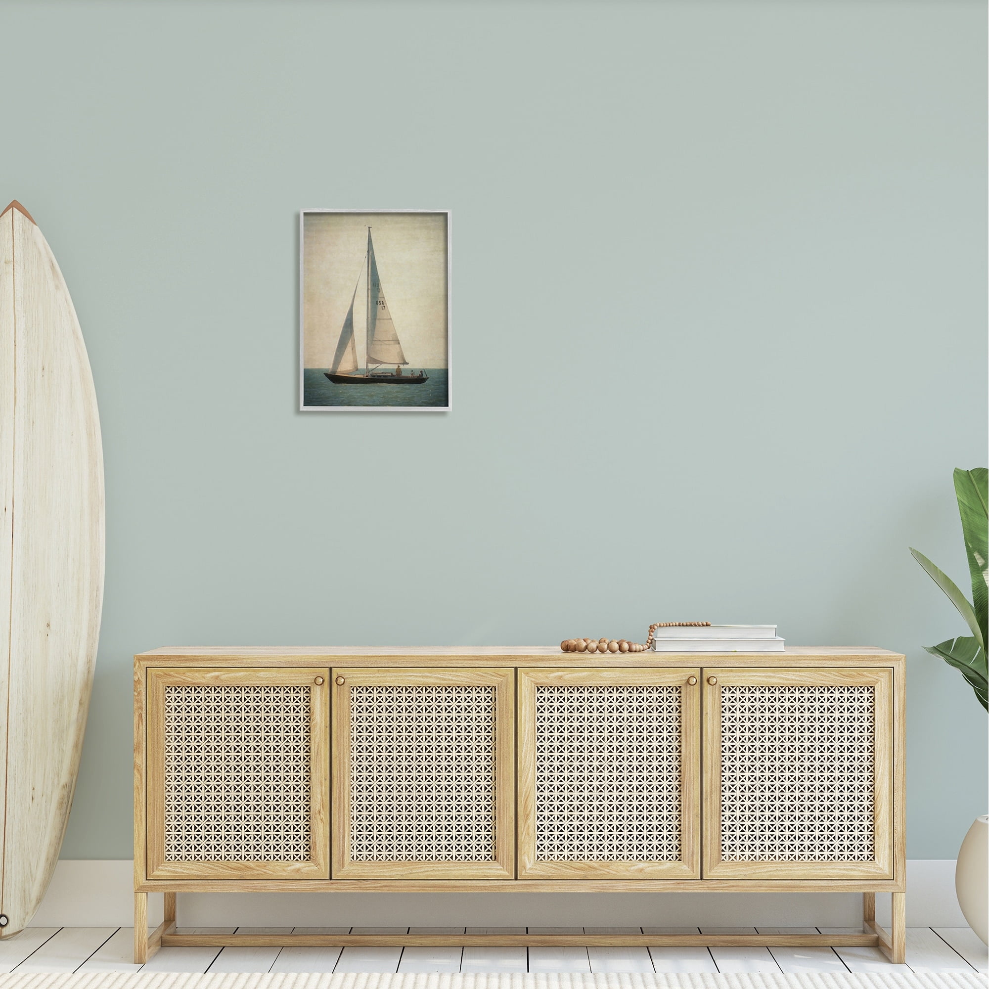 Stupell Industries Lone Sailboat People Relaxing Quiet Ocean Landscape Painting Gray Framed Art Print Wall Art, Design by Graffitee Studios