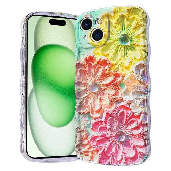 Decase for iPhone 15 Shockproof Case, Luxury Bling Electroplating Retro Flower Design, Soft TPU Wave Edge Hard PC Back,Pink Yelow Flower