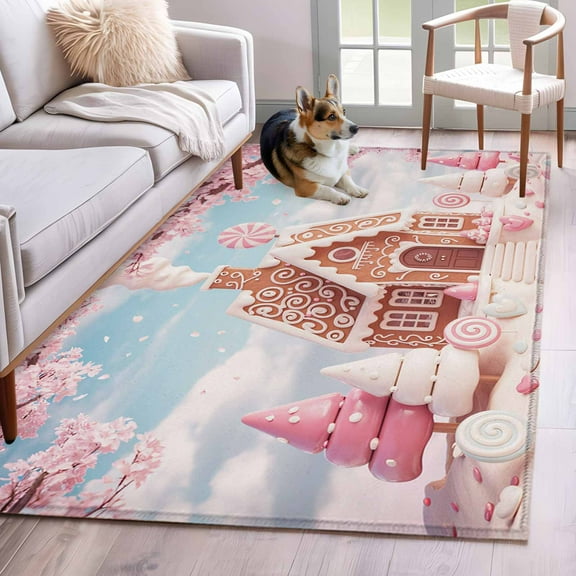 Pink Christmas Area Rug 3x5 Washable Rug Non Slip Farmhouse Botanical Tree Xmas Snowflake Large Area Rug Indoor Floor Carpet for Entryway Bedroom Kitchen Living Room Home Office Dining Room Nursery