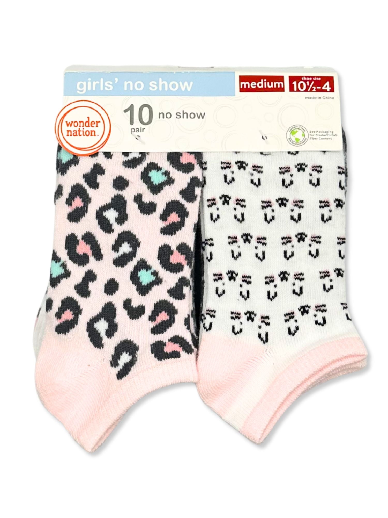 Wonder Nation Girls Leopard No-Show Socks, 10-Pack, Sizes S-L