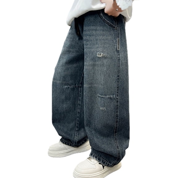 LRen Boys Baggy Jeans Straight Wide Leg Jean Kids Fashion Elastic Waist Denim Pants with Pocket Trendy Preppy Clothes