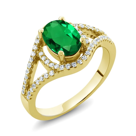 Gem Stone King 1.46 Ct Oval Green Simulated Emerald 18K Yellow Gold Plated Silver Ring (Size 7)