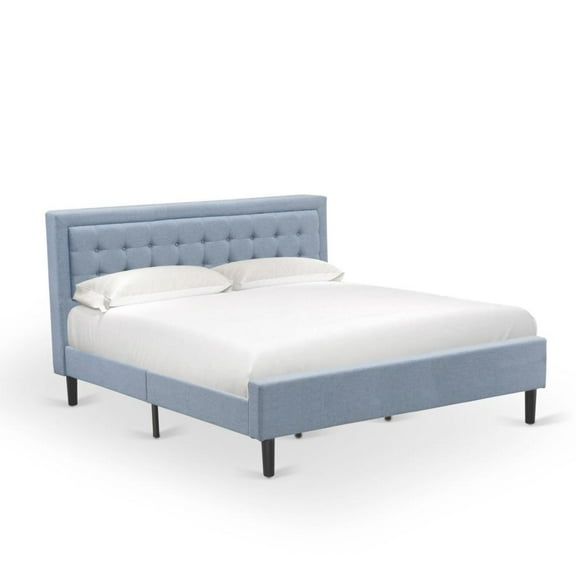 East West Furniture Fannin Wood and Linen Fabric King Size Bed in Denim Blue