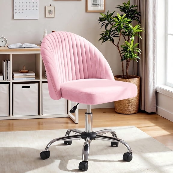 Vyrox Home Office Chair, Adjustable Swivel Vanity Chair with Wheels, Upholstered Mid-Back Rolling Task Chair, Armless Desk Chair for Bedroom, Living Room, Study, Pink