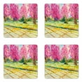 thumbnail image 1 of Watercolor Coaster Set of 4, Spring Landscape with Blossoming Cherry Flowers and a Cornfield, Square Hardboard Gloss Coasters, Standard Size, Hot Pink and Multicolor, by Ambesonne, 1 of 2