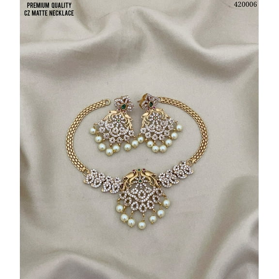 Gold Plated Ruby American Diamond CZ Choker Set – South Indian Bollywood Jewelry with Pearl Short Necklace & Jhumka Earrings