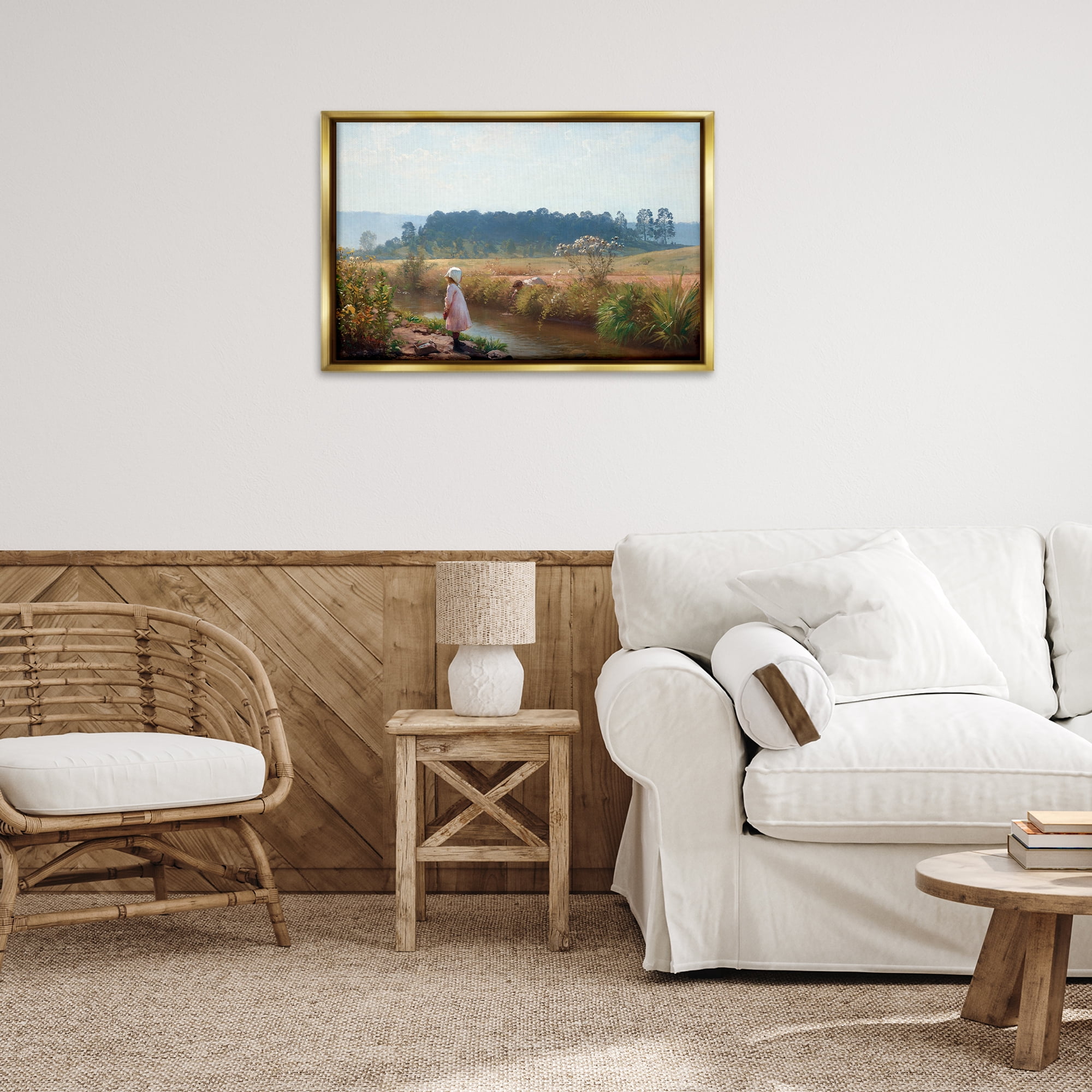 Stupell Industries Down By The River Landscape & Nature Painting Gold Floater Framed Canvas Art Print Wall Art, 31 x 21