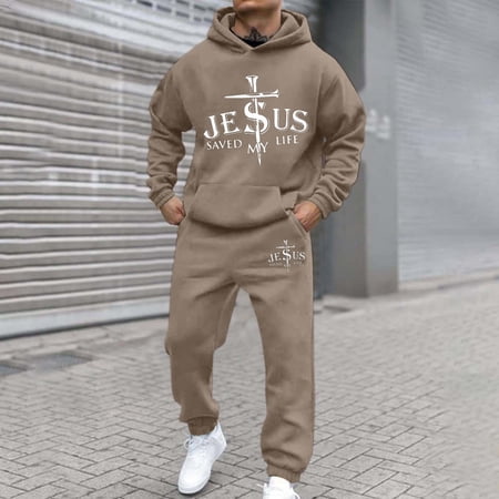 Jogging Suits for Men 2 Piece Set Letter Graphic Relaxed Fit Hoodie Sweatshirt and Joggers Sweatpants Sets Comfortable Fall Winter Long Sleeve Sport Suit with Pocket