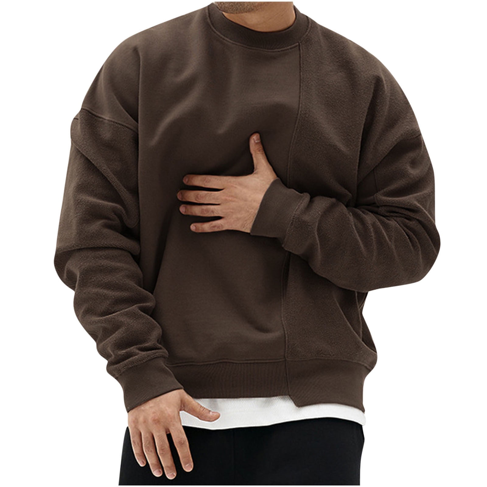 tklpehg Mens Crewneck Sweatshirts Long Sleeve Shirts Casual Patchwork  Fashion Round Neck Warm Pullover Sweatshirt Blouse Brown L