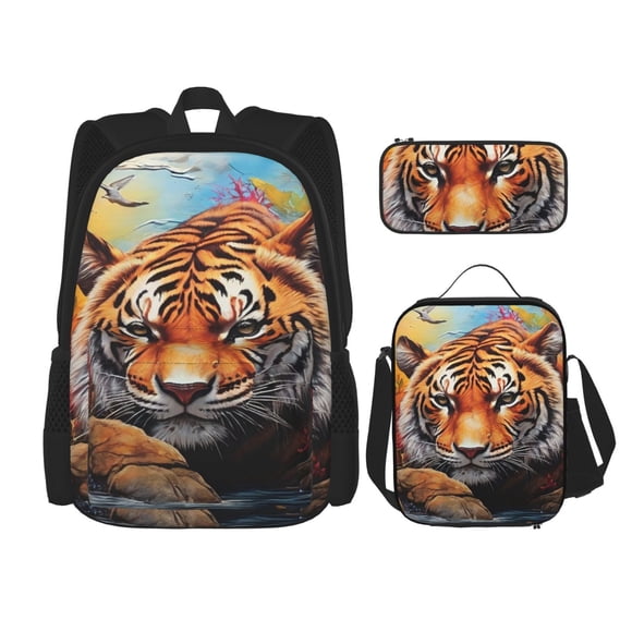 Kdxio Colorful Plant Tiger Print School Study Combo Set Backpack with Lunch Bag Pencil Case Oxford Lightweight Durable Travel Organization Kit