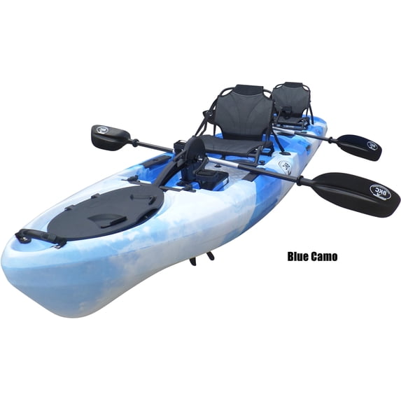 BKC PK14 14' Tandem Sit On Top Pedal Drive Kayak W/ Rudder System, 2 Paddles, 2 Upright Back Support Aluminum Frame Seats 2 Person Foot Operated Kayak