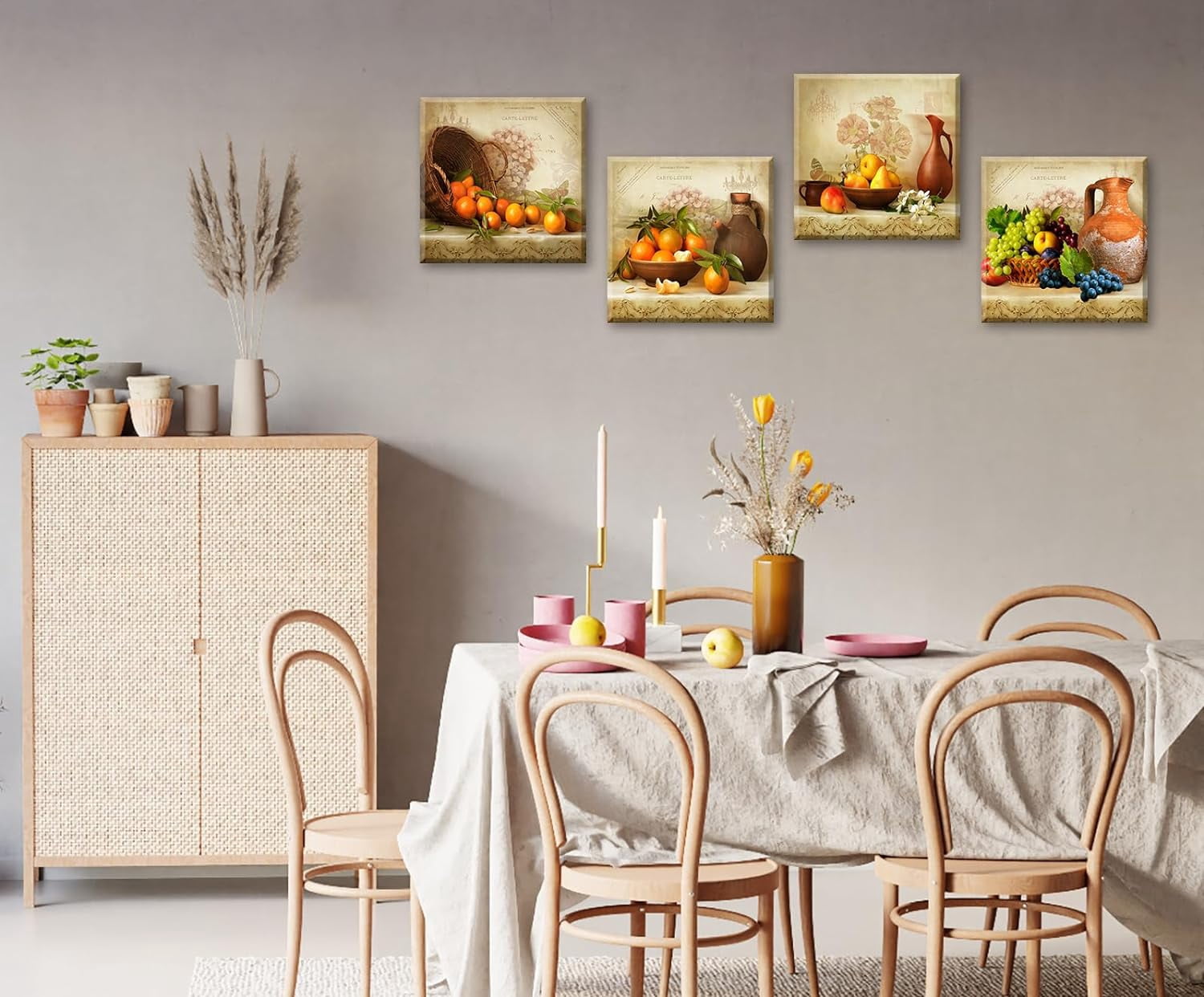 Kitchen Wall Decor Canvas Art for Dining Room Vintage Theme Fruit Pictures Farmhouse Rustic Signs Paintings Bar Accessories Realism Colorful Framed Decorations 4 Pcs/Set