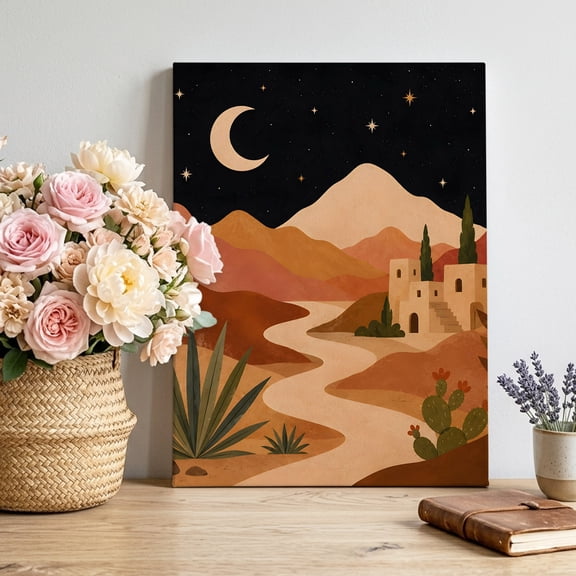 Terracotta Desert Night Canvas Wall Art, Boho Vintage Moon Agave Cactus Plants Framed Picture Canvas Wall Art Print Decor Artwork Decorations for Living Room Bedroom Ready to Hang 12" x 8"