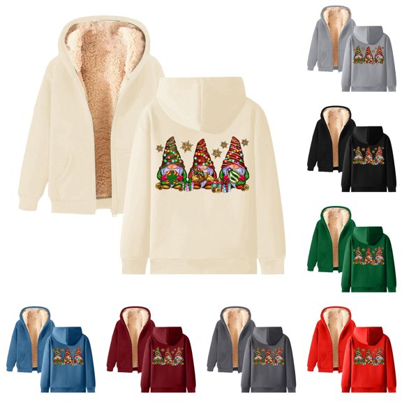 Trendfront Womens Plush Lined Zip Up Hoodie Christmas Gnomes Long Sleeve Plush Lined Hood And Front Pockets Classic Fit Casual Everyday Hooded Jacket