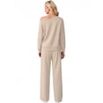 thumbnail image 6 of JWD Women's Off Shoulder 2 Piece Knit Matching Set Long Sleeve Pullover Top with Drawstring Wide Leg Pants Oatmeal L, 6 of 6