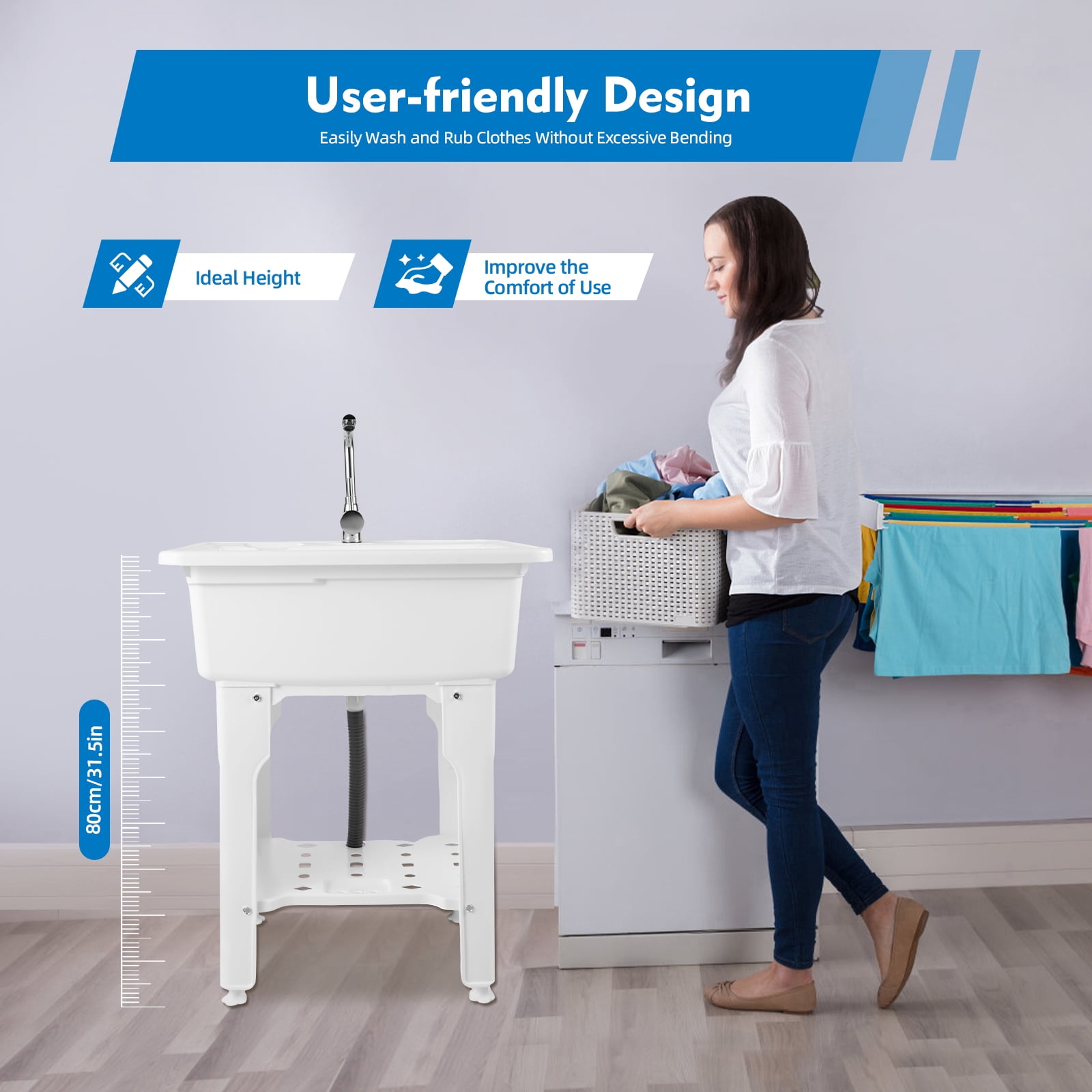 25.59*21.65*31.5in Freestanding Utility Sink Laundry Tub Floor Mount Wash Bowl Basin & Faucet Drain