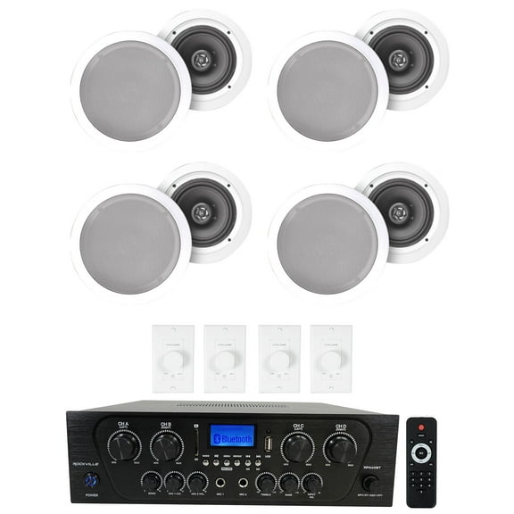 Rockville 4-Room Home Audio Kit Stereo White 6.5" Ceiling Speakers Wall Controls