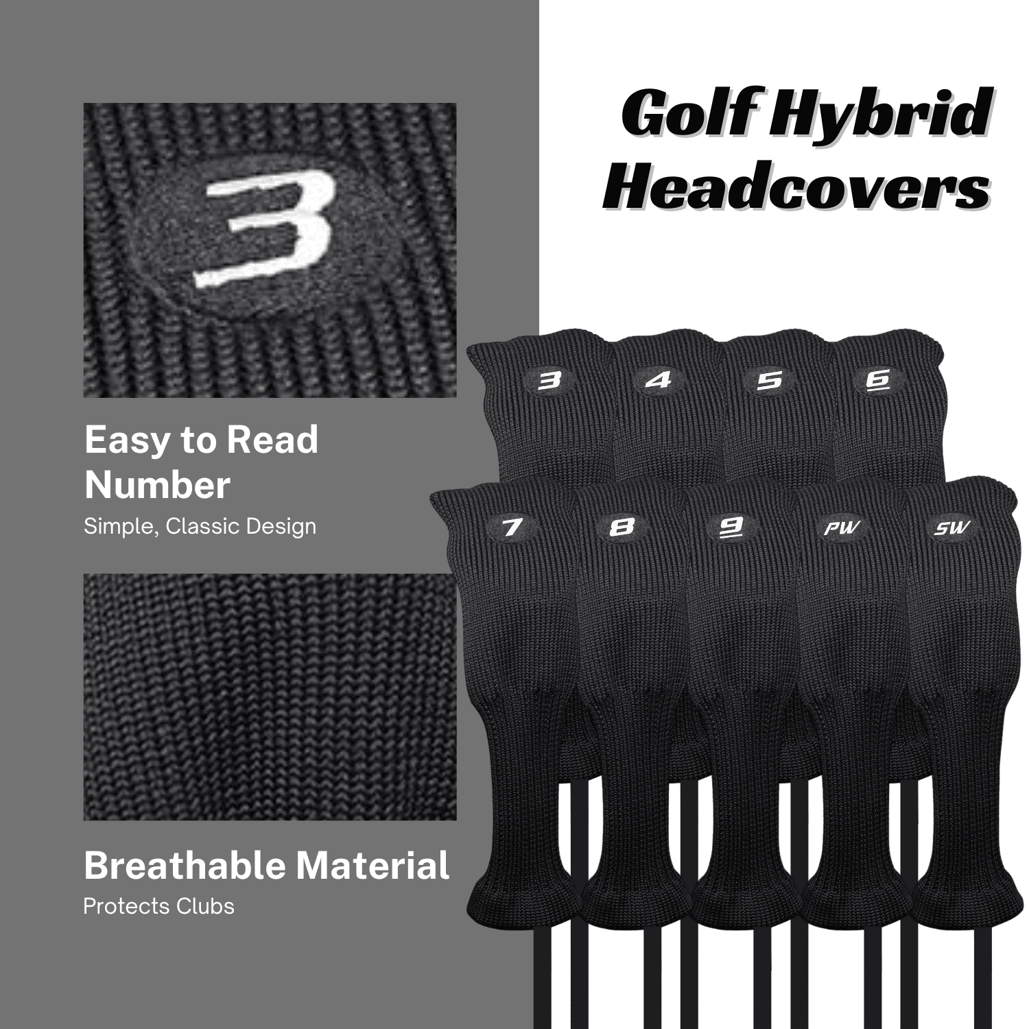 Majek All Hybrid Golf Club Black Headcover Set 3-SW. Neoprene Acrylic Head Covers 3 4 5 6 7 8 9 PW SW