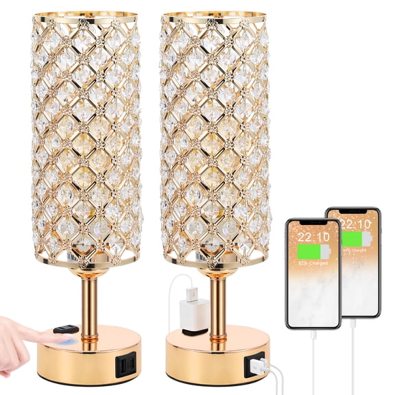 Set of 2 Crystal Bedside Table Lamps for Bedroom, Touch Control 3 Way Dimmable Nightstand Light with USB C A & AC Outlet for Dorm, Office, Living Room
