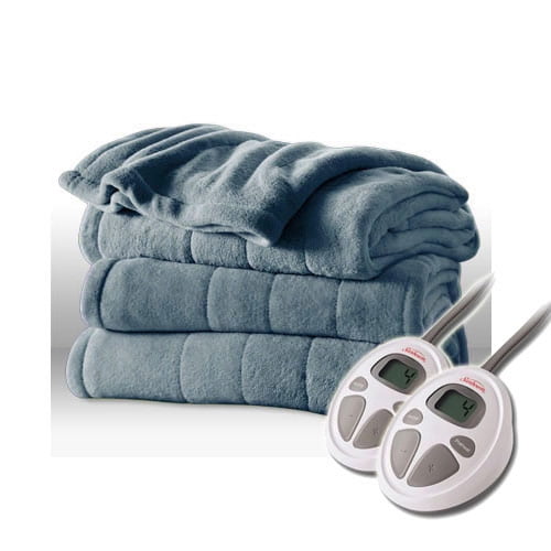 Sunbeam Channeled Velvet Plush Electric Heated Blanket Queen Size Heritage Blue