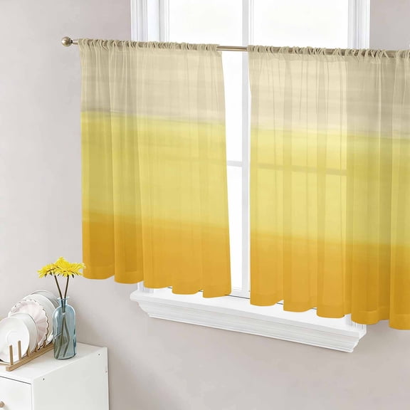Yellow Ombre Sheer Curtains 54 Inch Length 2 Panels for Living Room, Modern Abstract Art Abstract Voile Kitchen Curtain Set, Luxury Privacy Drapes Window Treatment for Bedroom