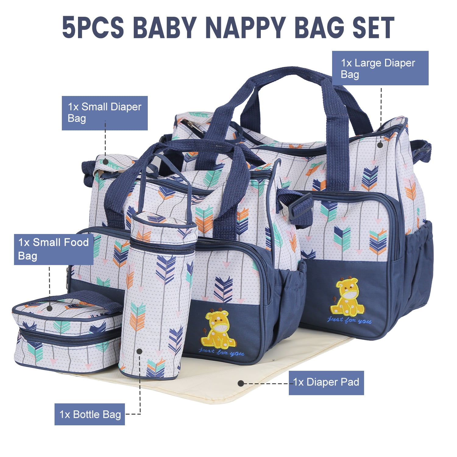 Imountek 5Pcs Baby Diaper Bag Set Multi-Pocket Travel Tote Bags with Diaper Pad Food Bag Bottle Bag for Mom Dad, Dark Blue