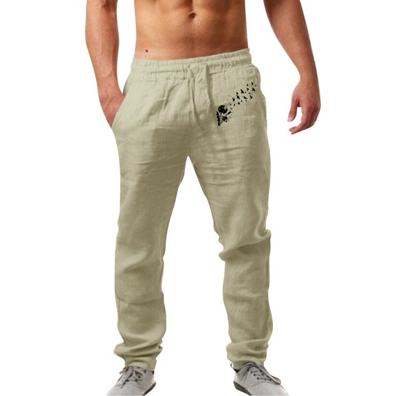 Outfmvch Long Johns for Men Joggers for Men Mens Fashion Casual Printed Linen Pocket Lace Up Pants Large Size Pants Cargo Pants for Men Beige L