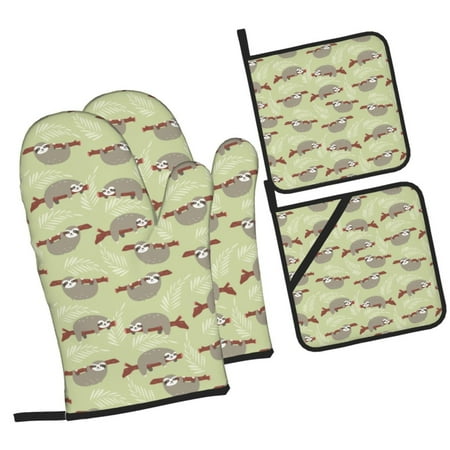 

Daiia Twig Sloth Pattern Oven Mitts and Pot Holders 4 pcs Set High Heat Resistant 500 Degree Extra Thicken Long Kitchen Cotton Oven Glove