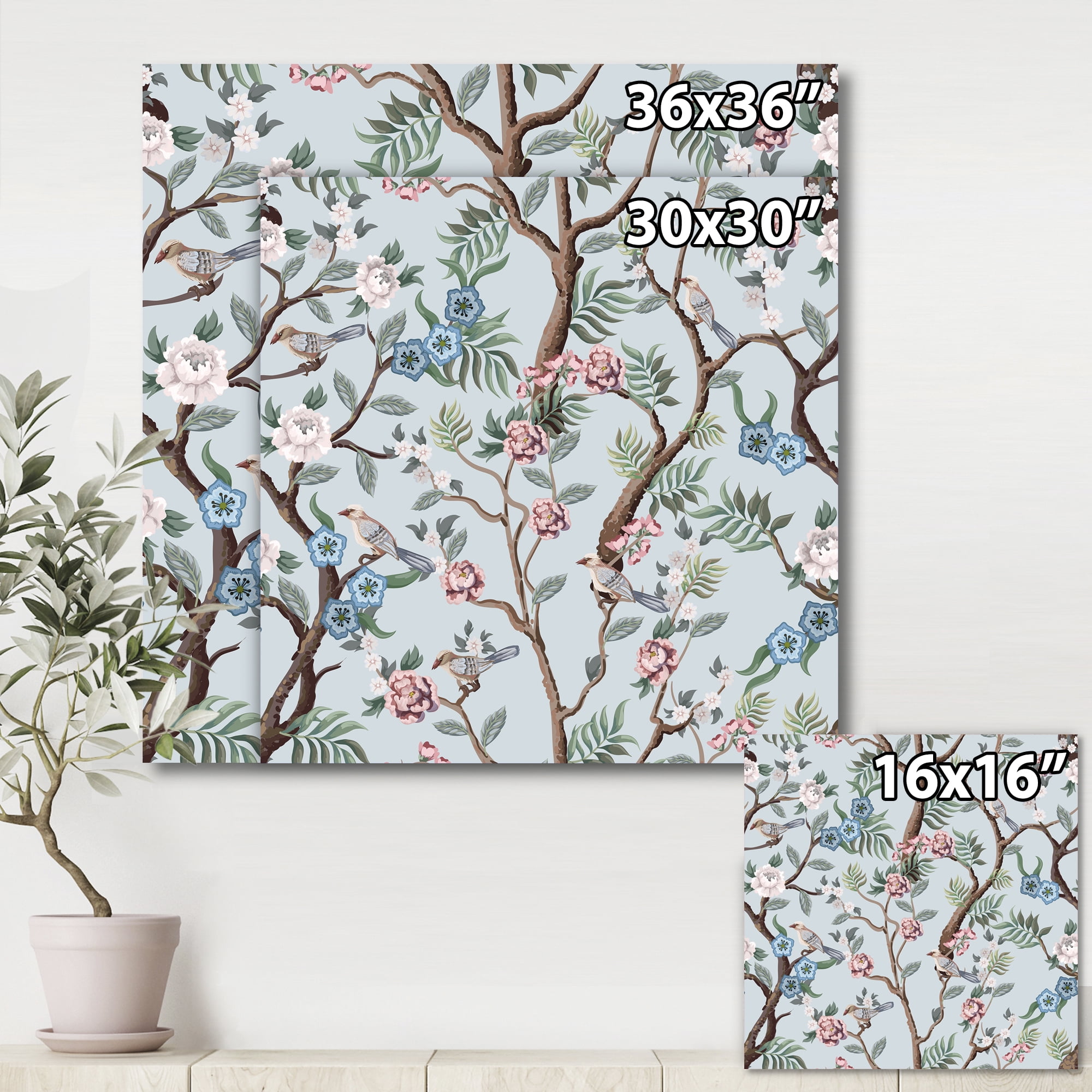 Birds and Peonies With Chinoiserie X 30 in x 30 in Painting Canvas Art Print, by Designart