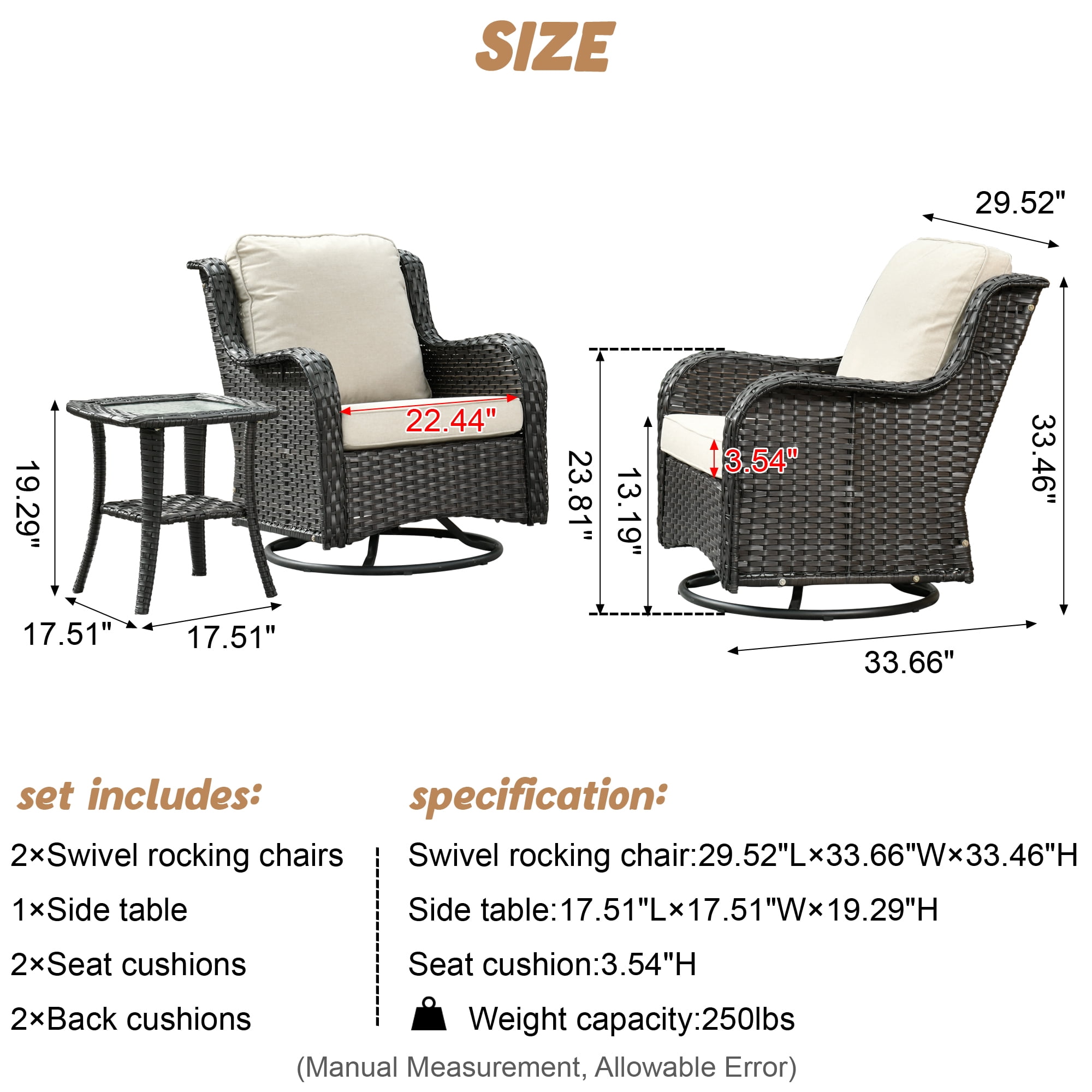 XIZZI Outdoor Patio Wicker Swivel Rocker Set,3-Piece Rocking Chair Bistro Set with Beige Cushions and Coffee Table,Brown Wicker