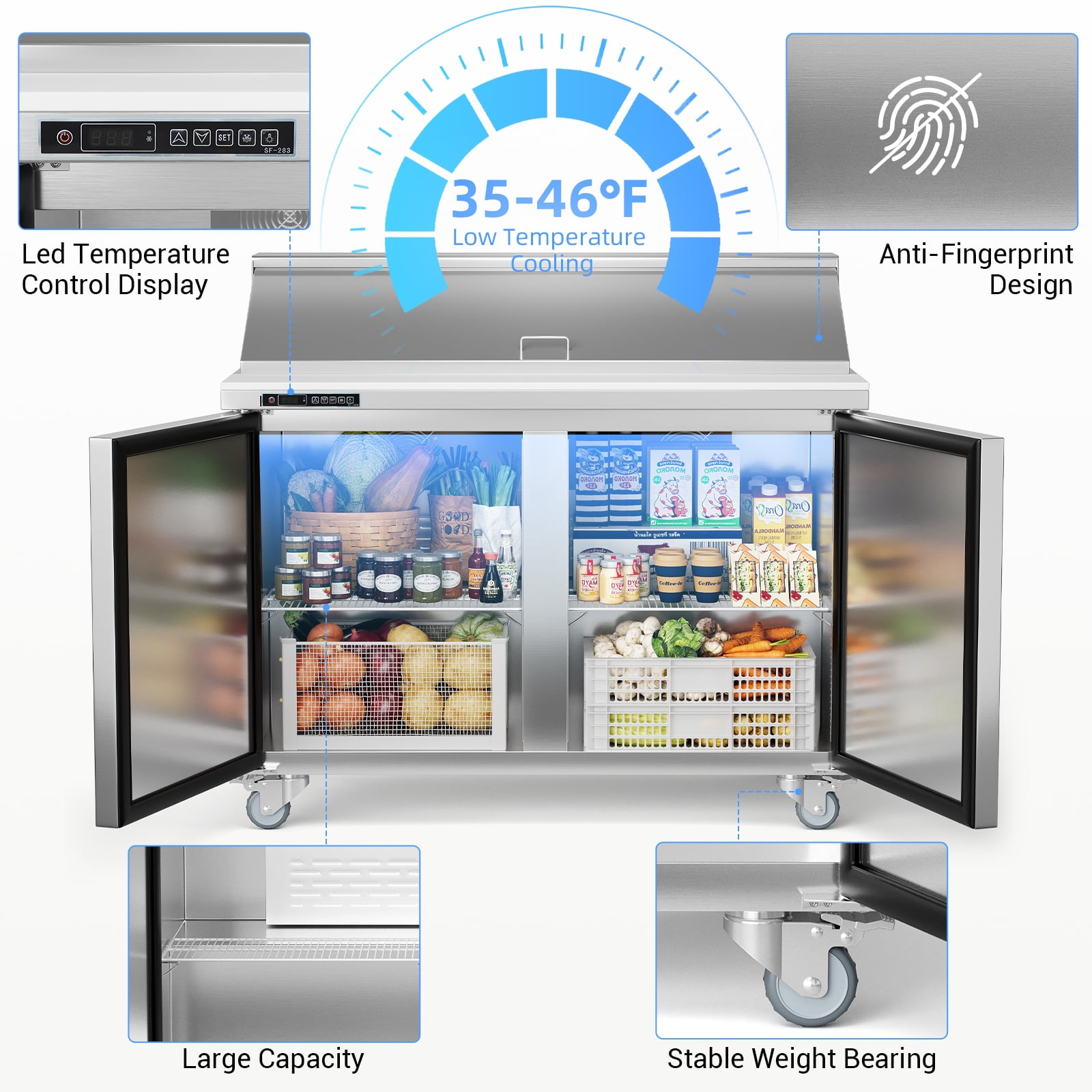 48" W 2 Door Refrigerator Sandwich & Salad Prep Table Commercial Top Refrigerator Stainless Steel Counter Fan Cooling with 12 pans-48 Large Capacity Inches for Restaurant