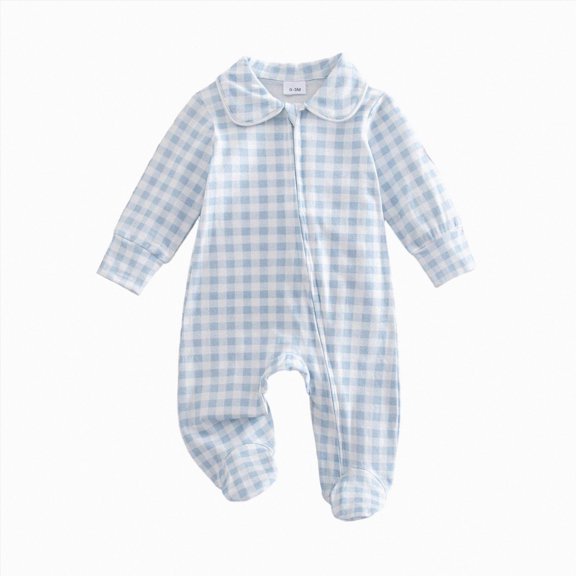 felwors Newborn Baby Boy Girl Gingham Footed Romper Peter Pan Collar Infant Long Sleeve Zipper Jumpsuit Coming Home Outfit (Sky Blue,0-3 Months)