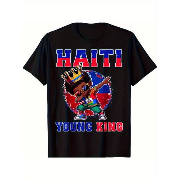 Camiseta infantil con gráfico "Haiti Young King" para niño - Algodón, transpirable y absorbente, negra, informal, de cuello redondo y manga corta con diseño vibrante de la bandera haitiana. Cómoda p