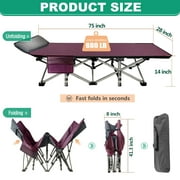 MOPHOTO 75 Adult Camping Cot Folding Cot, Portable Heavy Duty Sleeping Bed with 4D Pillow and Mattress, Outdoor Patio Folding Lounge Chair for Sunbathing