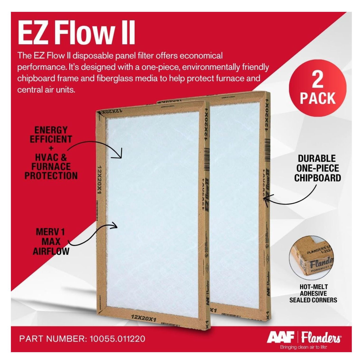 EZ-Flow II 12x20x1 Air Filters, MERV 1, Furnace, HVAC, & Filter - High-Airflow, Energy-Efficient, Fiberglass Media 10055.011220, (2-Pack)