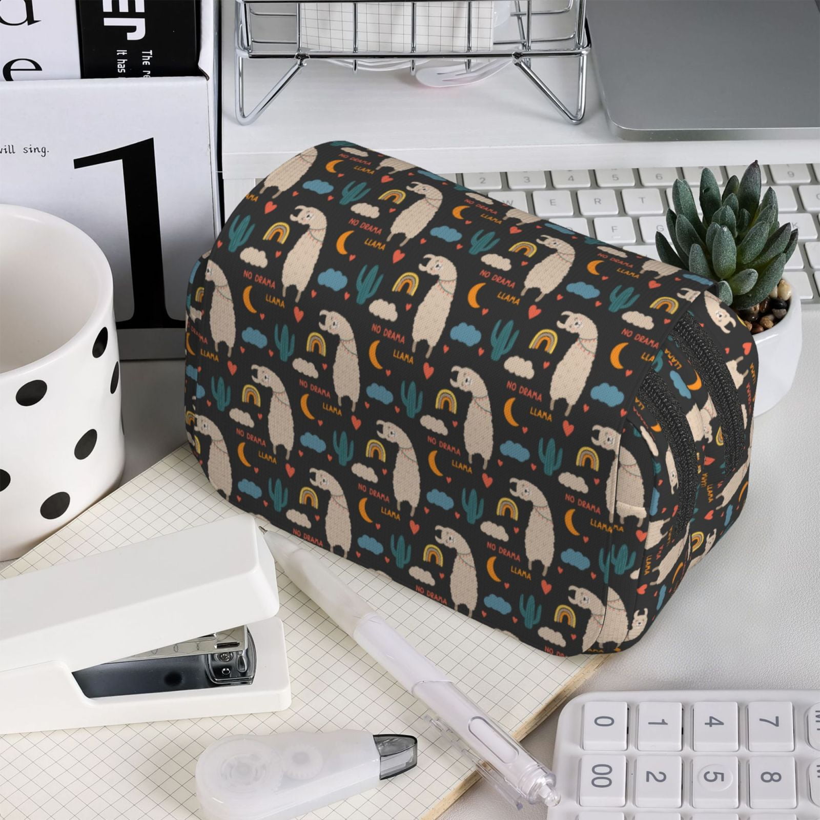 Rateoe Cute Alpaca Pattern Double Clamshell Pen Case, Storage Organizer with Two Zipper Compartments– Holds Up to 50 Pencils & Pens