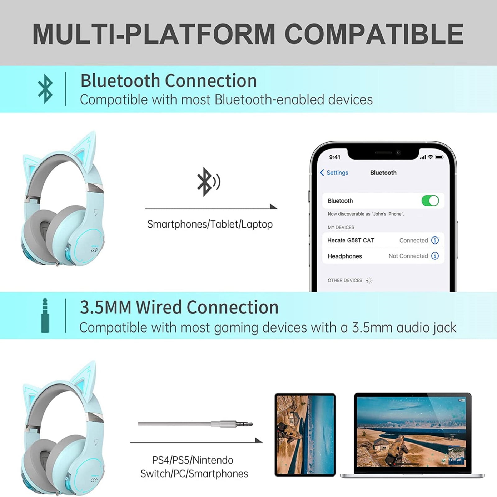 Restored Edifier G5BT CAT Wireless Bluetooth Wired Cat Ear Gaming Headset with Mic - Sky Blue - Certified Refurbished