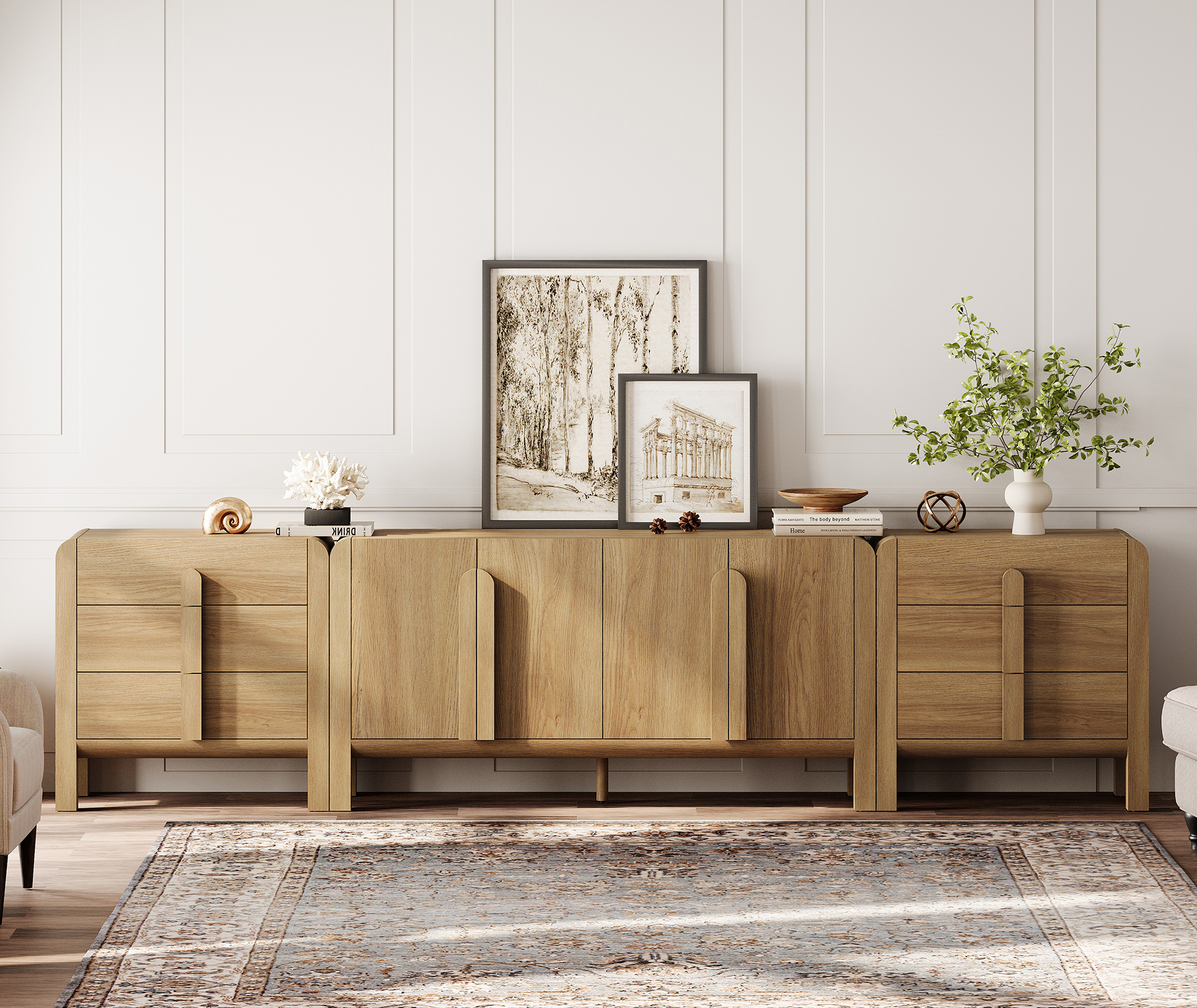 Mid-Century Modern 126" Sideboard Buffet with Storage, 3-Piece Wood Credenza with Doors and Adjustable Shelves for Kitchen，Living Room
