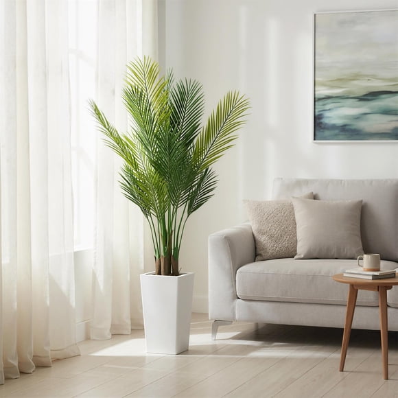 GloryStar Faux Areca Palm Tree, Tall Artificial Tropical Plant with White Planter for Living Room or Bedroom Decor