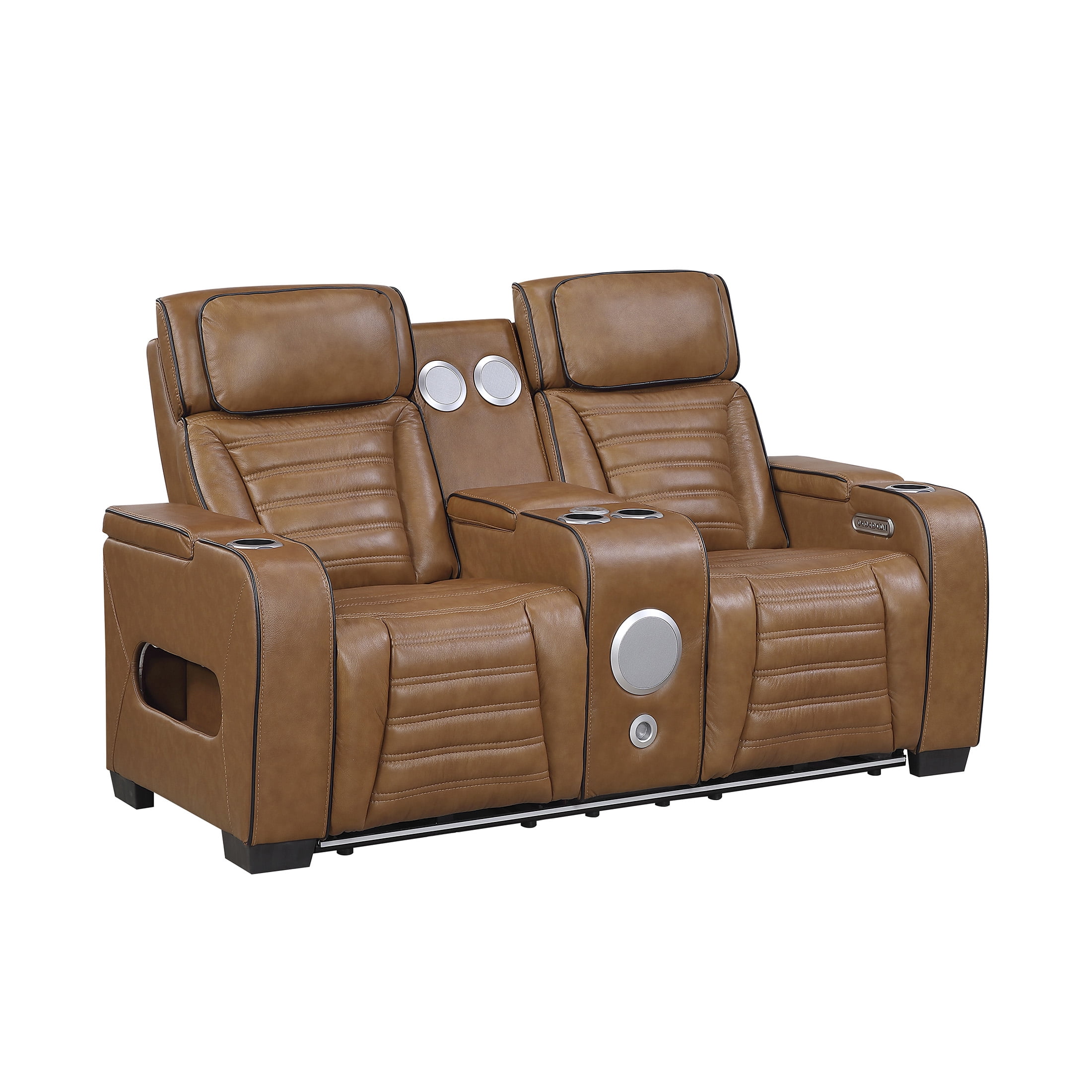 OakvillePark Elantra Leather Match Power Double Reclining Love Seat with Center Console/Power Headrests/Storage Arms/Cup Holders/Wireless speakers/Air Massage/Heat/LED Lighting/Charging Ports, Brown