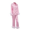 thumbnail image 6 of Douhoow Women Sleepwear Feather Decoration Long Sleeve Button Down Lapel Shirt Pants 2pcs Satin Pajamas, 6 of 9