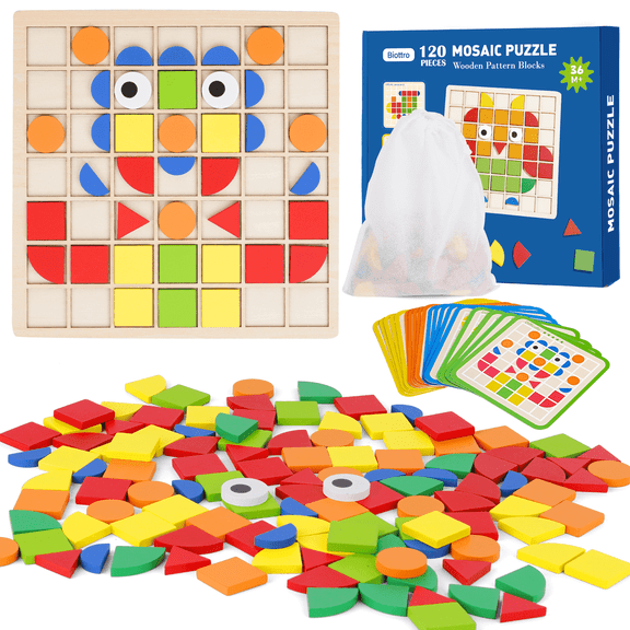 Wooden Mosaic Puzzles for Kids 120PCS Montessori Pattern Blocks Preschool Learning Educational Toys Gift for 3 4 5 Year Old Boys Girls