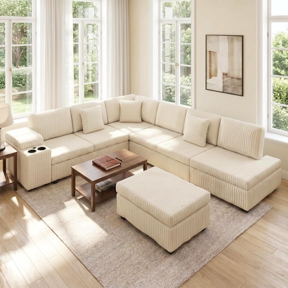 EPOWP Modular Sectional Sofa, 129.5" 6-Seat L-Shaped Cloud Couch Set with Chaise, Wrinkle-Resistant Chenille Boneless Sofa, 2-Piece Free Combination for Living Room, No Assembly Required,Gray