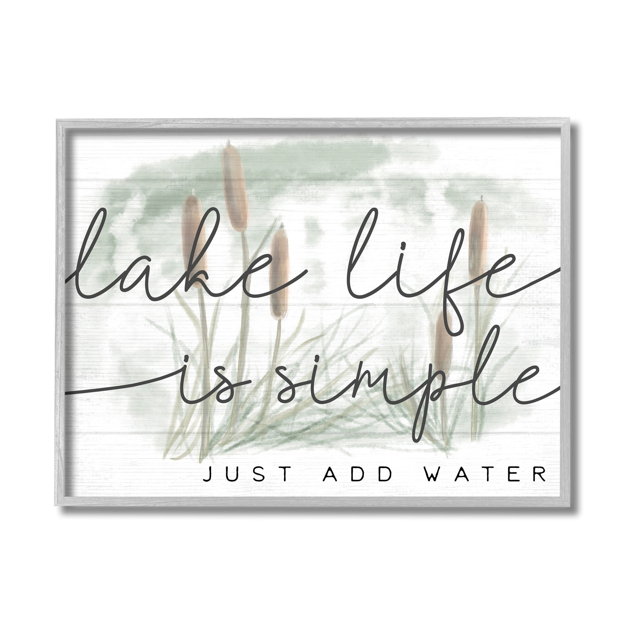 Stupell Industries Lake Life Simplicity Phrase Cattail Water Plants Inspirational Painting Gray Framed Art Print Wall Art, 11 x 14