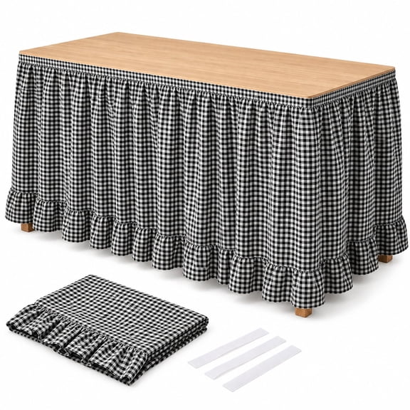 Teacher Desk Skirt Fabric 72x30 Inch - Ruffled Hem & Hook Fasteners for Classroom & Party Displays, Checkered