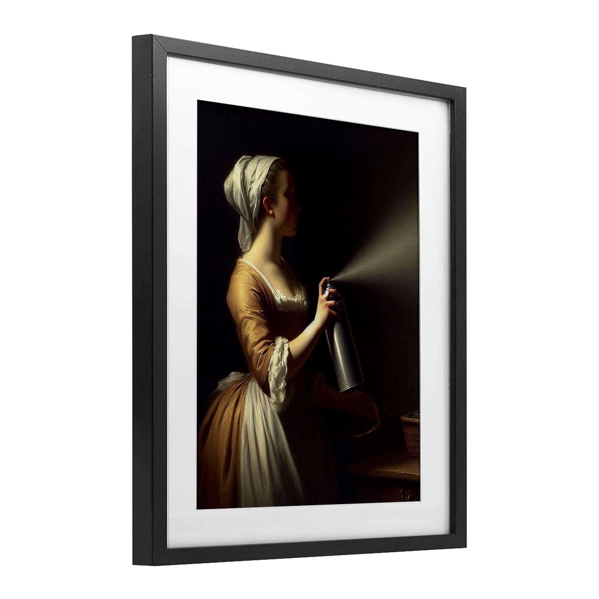 Funny Vintage Lady & Spray Paint Black Framed Print Under Glass, design by Lettered and Lined