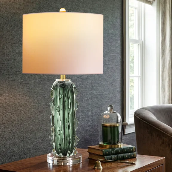 27.5in Modern Green Art Crystal Textured Glass Table Lamp, Luxury Lamp for Living Room Bedroom Office Decor