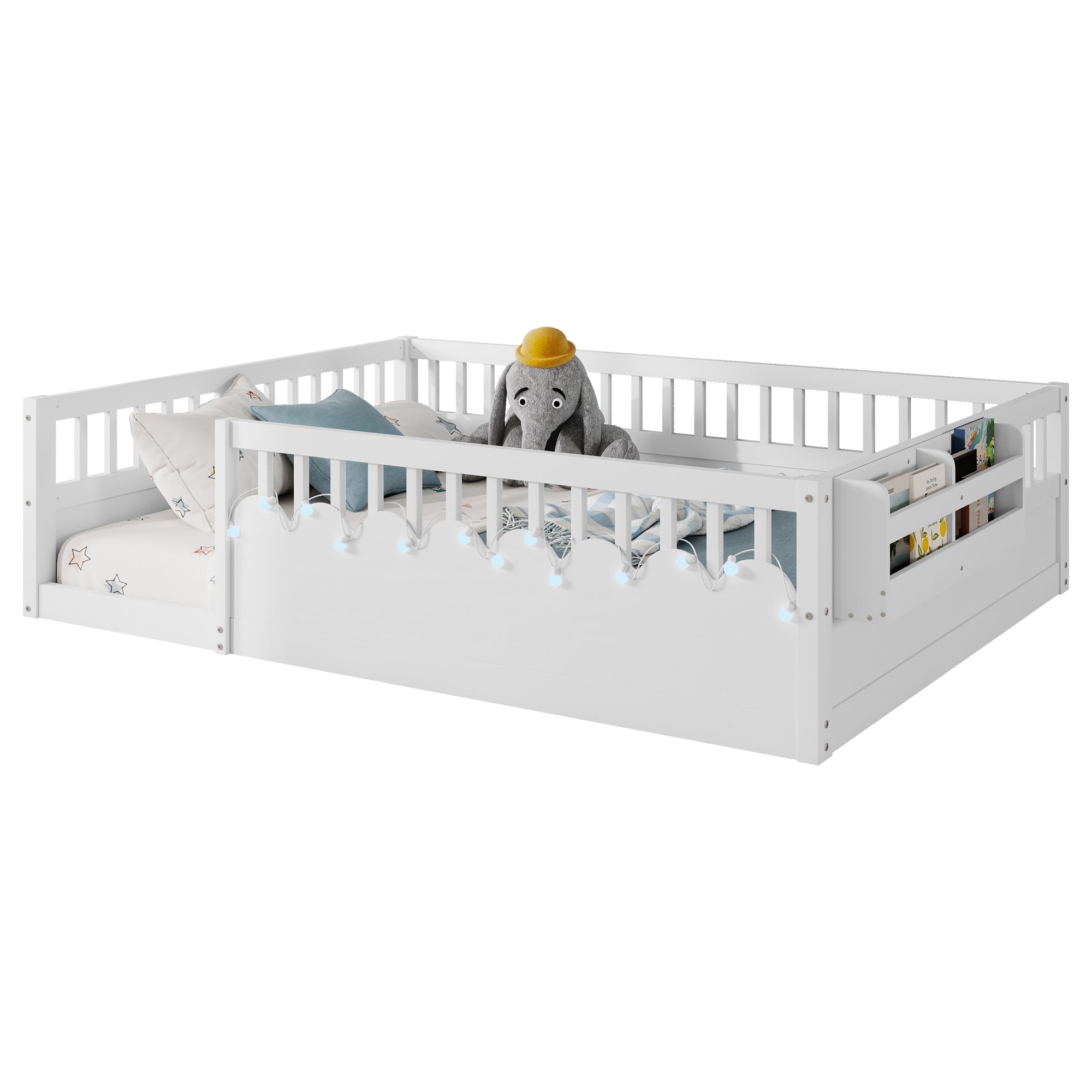 Euroco Wood Full Size Montessori Floor Bed with Guardrails and LED Light, Kids Bed with Storage Shelves, White