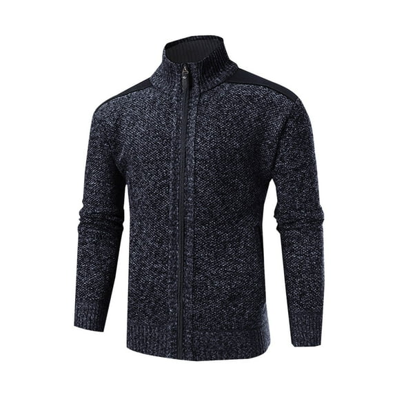 MaFYtyTPR Winter Jackets for Men Color Block Zipper Knitting with Pocket Long Sleeved Hoodless Casual Jacket on Navy M(US 6)