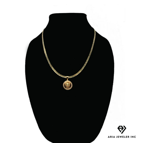 Collar de oro de 14 quilates con colgante de León circular, el mejor regalo unisex para madre, padre, novia, novio, ella, él, collar de cadena cubana de 14 quilates de Aria Jeweler Daily